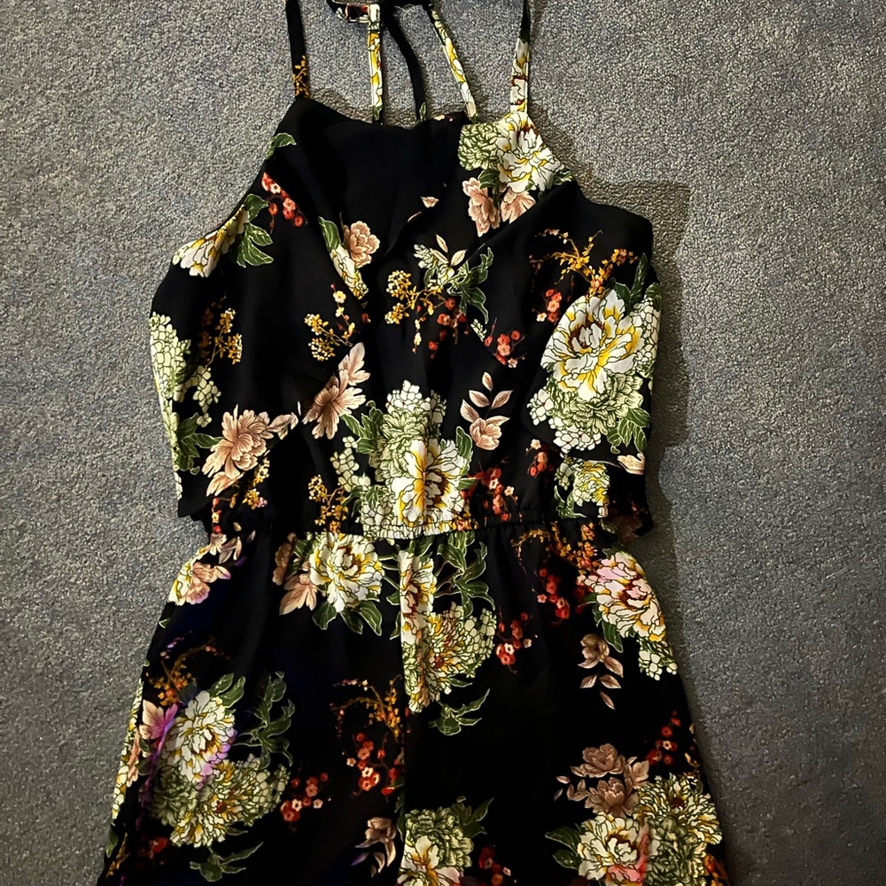 Wishful Park Black Floral Romper with Green & Cream Flowers